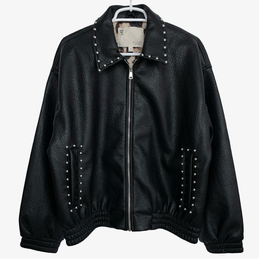 Anthropologie Pilcro Rylie Studded Faux-Leather Bomber Jacket Black Medium NWT - Picture 5 of 16